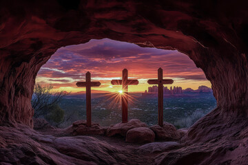 Wall Mural - Three wooden crosses viewed from a cave at sunrise with a dramatic desert landscape and colorful sky.