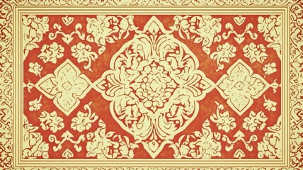 Wall Mural - Intricate Thai Floral Ornamental Pattern in Elegant Golden Tones on Deep Red Background