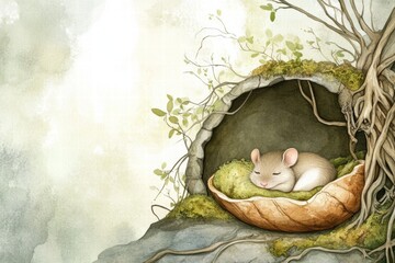 Poster - Cozy mouse resting peacefully in a natural nest beneath a tree at dawn in a gentle woodland setting. Generative AI