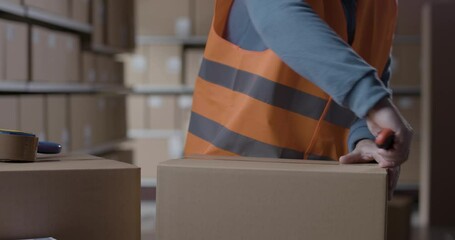 Wall Mural - Warehouse operative opening a delivery box