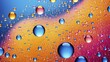 © Anarkali Art - Photograph of colorful water droplets on a glossy surface with a gradient background from blue to orange