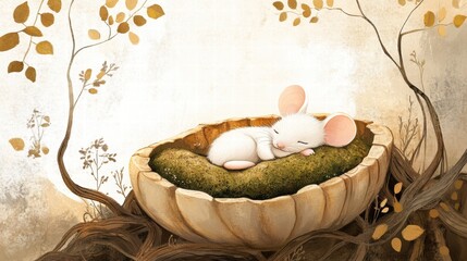Poster - Whimsical illustration of a small white mouse peacefully sleeping in a cozy nest surrounded by autumn leaves. Generative AI