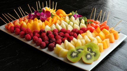 Wall Mural - A colorful platter of edible fruit arrangements with skewers and decorative elements.