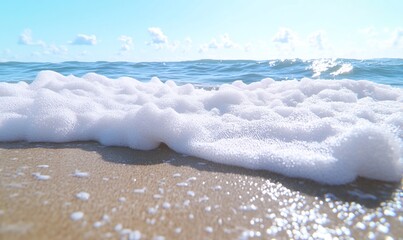 Ocean waves foam on sandy beach; sunny sky