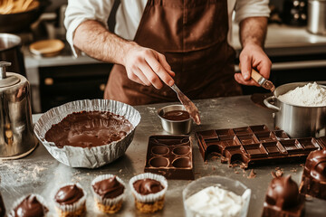 Man wearing uniform cooking chocolate in kitchen, preparing process. Generative AI