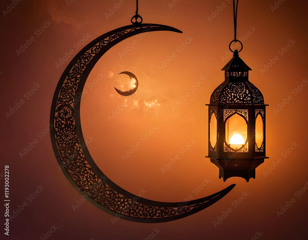 luxury Islamic background with lanterns and crescent moon with copy ...