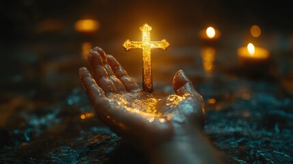 Glowing cross in a hand surrounded by candles.