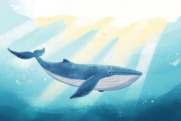 Poster - Underwater exploration featuring a blue whale swimming gracefully in a sunlit ocean. Generative AI