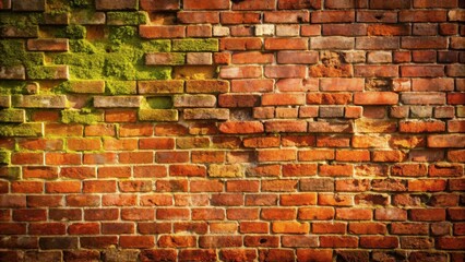 Fototapete - Aged Brick Wall Texture with Partial Moss Growth