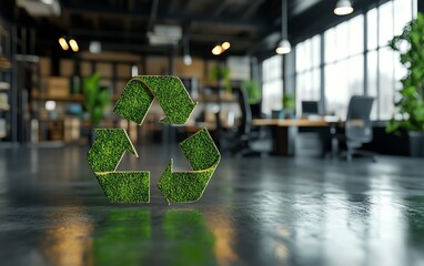 Aufkleber - Green recycle symbol icon sign with a professional office environment background, representing recycling and waste sorting in a corporate workplace for working people