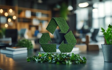 Aufkleber - Green recycle symbol icon sign with a professional office environment background, representing recycling and waste sorting in a corporate workplace for working people