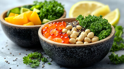 Poster - Vibrant and healthy quinoa bowls with salmon, soybeans, avocado, and kale