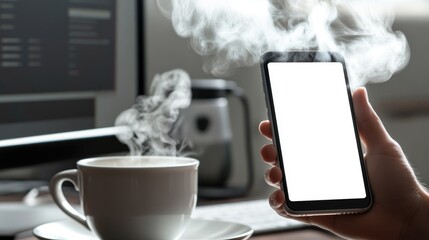 A hand holding a mobile phone with a blank screen, tea cup steaming, and a desktop monitor in the background.