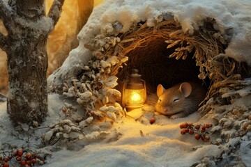 Poster - Winter cozy scene of a small mouse sleeping in a burrow with a lantern glowing softly among snow and berries. Generative AI
