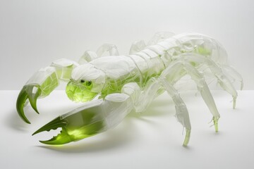 Poster - A playful 2D depiction of a glowing scorpion under UV light, drawn with exaggerated fluorescent green tones on a clean white canvas
