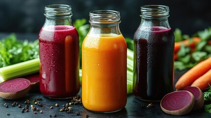 Sticker - Three vibrant bottles of fresh vegetable juice, showcasing beetroot, carrot and celery juices, arranged on a dark background with fresh produce.