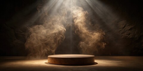 Poster - Circular wooden platform in a mystical, smoky setting with dramatic lighting