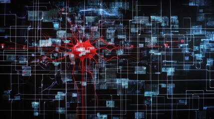 Poster - Abstract digital representation of a neural network with vibrant red nodes and interconnected lines against a dark background showcasing technological complexity