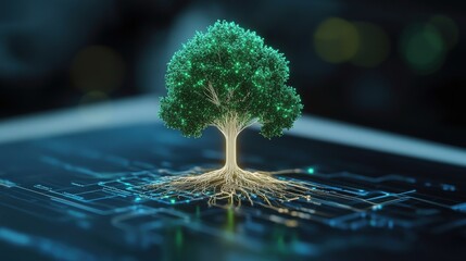 Fototapete - Digital Tree Concept Representing Growth and Technology with Glowing Roots on Circuit Board, Symbolizing Nature and Innovation in a Futuristic Landscape