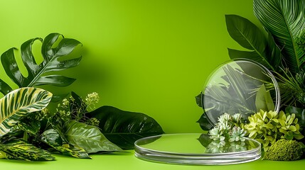 Poster - Glass podiums with tropical leaves on green background.