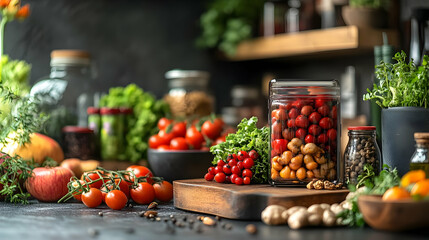 Wall Mural - Vibrant and healthy food ingredients displayed in a rustic kitchen setting, ready for cooking a delicious and nutritious meal.