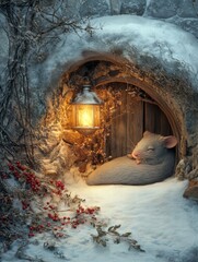 Poster - Cozy winter scene with a sleeping mouse nestled in snow near a glowing lantern in a rustic setting. Generative AI