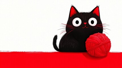 Wall Mural - Cute black kitten playing with red yarn ball.