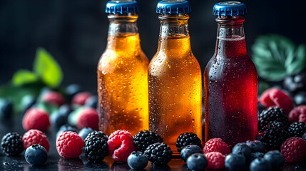 Sticker - Three bottles of refreshing berry juice surrounded by assorted fresh berries