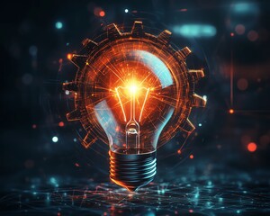 Aufkleber - A gear surrounding a bright light bulb, vibrant digital illustration symbolizing creative ideas, innovation, and modern problemsolving solutions