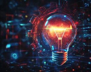 Poster - A gear surrounding a bright light bulb, vibrant digital illustration symbolizing creative ideas, innovation, and modern problemsolving solutions