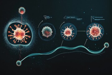 Aufkleber - Illustrated stages of virus lifecycle with emphasis on penetration, replication, and spreading process. Generative AI