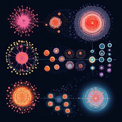 Leinwandbilder - Illustrated stages of a virus lifecycle showcasing penetration, replication, and spreading processes in scientific visualization. Generative AI