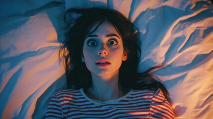 Wall Mural - a woman in bed with wide-open eyes, looking frustrated with insomnia.