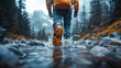 © Design By Reiga - Hiker crossing a rocky stream, splashing water, adventure.