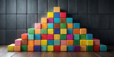 Aufkleber - Colorful Wooden Blocks Forming Ascending Pyramid Against Dark Background