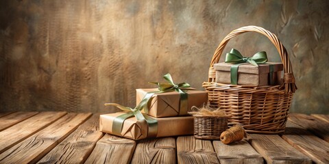 Poster - Rustic Wrapped Gifts in a Wicker Basket on Wooden Surface