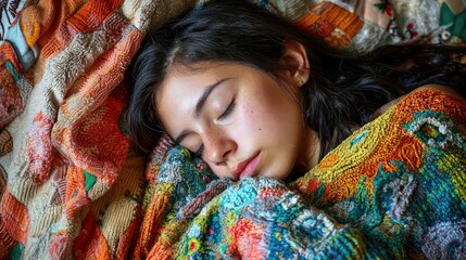 Wall Mural - a girl resting comfortably, asleep with her favorite blanket wrapped around her.