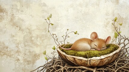 Poster - A small mouse peacefully sleeping in a nest made of twigs and moss on a textured background. Generative AI