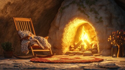 Poster - Cozy interior setting featuring a rocking chair and a warm fireplace surrounded by rustic decor. Generative AI