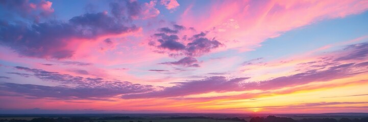 panoramic photo, view of a pink and purple sky at sunset. sky panorama background, header and web ba