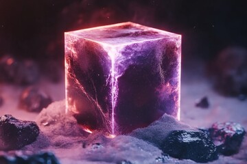 Poster - A charming pixel art depiction of a glowing object illuminated by UV light, with tiny neon pixels highlighting its sharp isolation in a dark scene