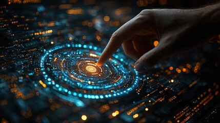 Wall Mural - digital interaction: a hand interacting with futuristic technology interface