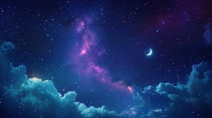 A captivating night sky adorned with twinkling stars and a crescent moon.