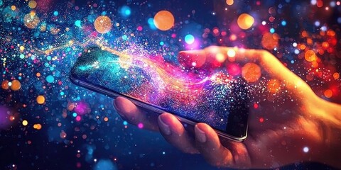 A hand gripping a smartphone surrounded by dynamic data streams.