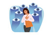 © aprint22com - Woman feels surveillance of society, stands near giant eyes that violate personal space. Public control and surveillance causes depression and pressure, which negatively affects psychological state