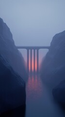 Canvas Print - A bridge spans a river in a foggy, rocky canyon