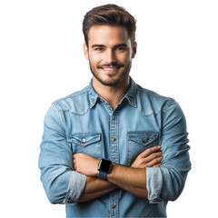 Smiling young man wearing casual denim shirt and smartwatch against transparent background