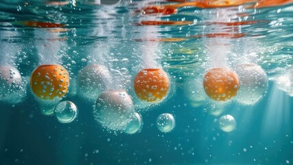 Bubbles rise from colorful balls submerged in water, creating a playful, dynamic, and refreshing aquatic scene