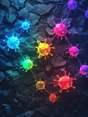 Fototapete - Colorful representation of magnified viruses showcasing intricate details on a dark textured background. Generative AI