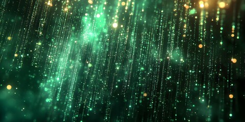 Abstract digital data streams with binary code and light streaks on a dark background.
